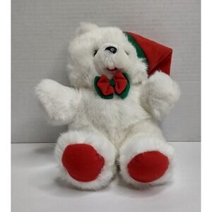Sasco White Bear Plush 8" Christmas Hat with Red & Green Bowtie Stuffed Animal